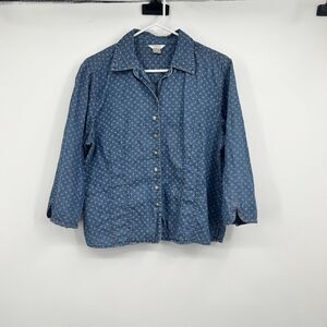 Womens L Country Western Blouse Blue Ditsy White Floral Boho Coquette Farm